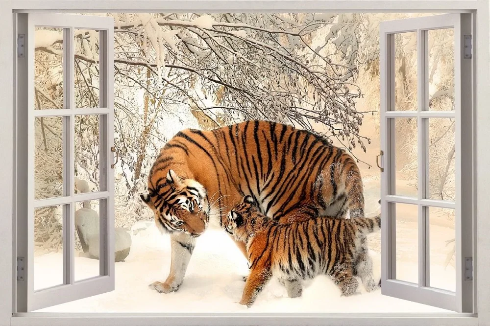 Бесплатная доставка 3D наклейки окна зимние Тигры Настенная Наклейка с животными