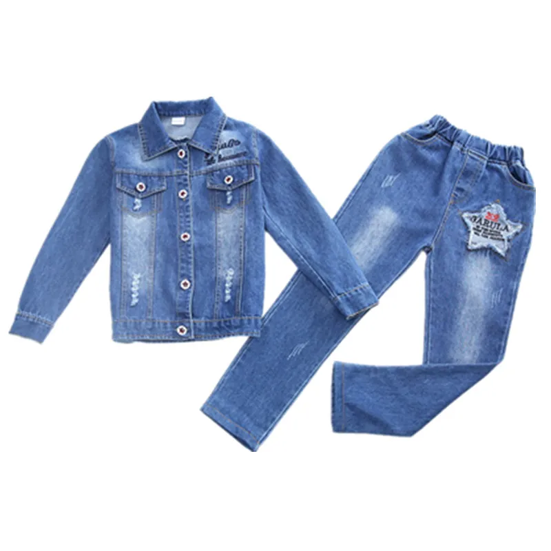 2018 New Children Spring/Autumn Set Boy/Girl Fashion Letter Embroidered Denim Jacket Jeans Suit Kids Baby Casual Clothes | Детская