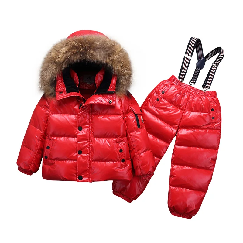 Красный Girls Boy Snowwear Kids Winter Jumpsuit Windproof Waterproof Warm Duck Down Jacket Pants Snowboarding Children Clothing Set Suit - Цвет: Красный