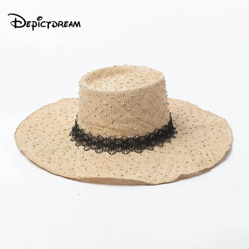

New Summer Sun Hats Ladies Lace ribbon handwork Wave Point Knitting Big eaves Sisal grass Outdoor sunscreen Beach straw hat