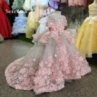 Роскошные цветочные платья для девочек, бальные платья с 3D цветочной аппликацией, кружевные платья принцессы для конкурса, Детская вечерние для дня рождения