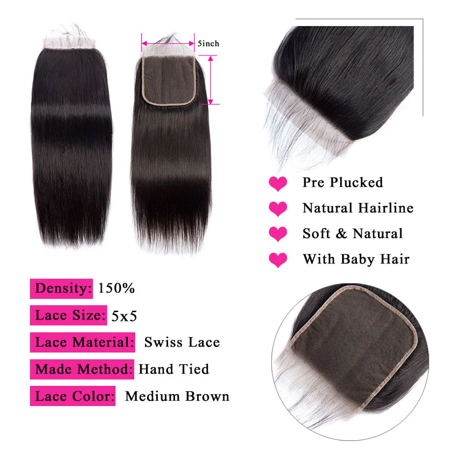 Прямые волосы 5х5 кружева с пучками Remy бразильские натуральные кудрявые пучки волос закрытием Alibele 4 3 пучка|3/4