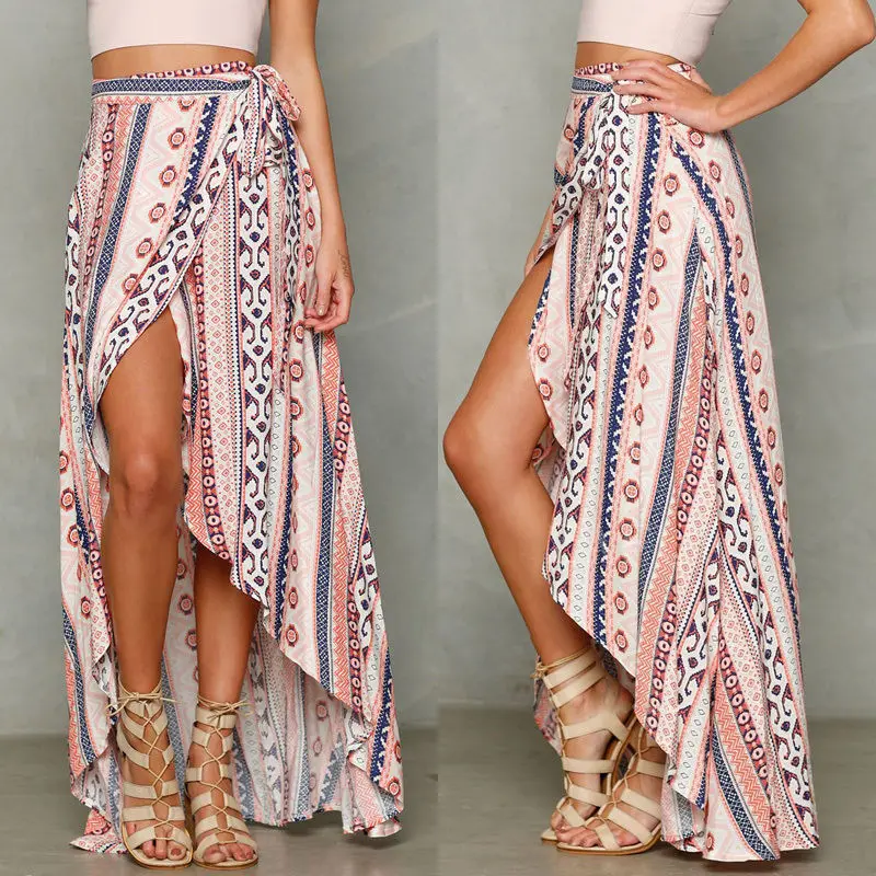 Длинная юбка с высокой талией в стиле бохо Женская разрезом пляжная цветочным