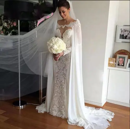 2018 New White/ivory Chiffon Wedding Jacket Wraps Cloaks Bridal Lace Long Capes EE9901 | Свадьбы и торжества