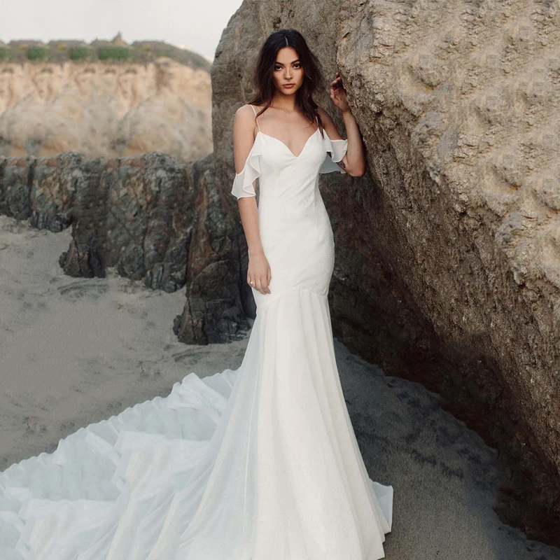 Eightree Spaghetti Strap Wedding Dress Beach Mermaid Bridal Sexy White Chiffon Gowns Vestido De Noiva New Design | Свадьбы и