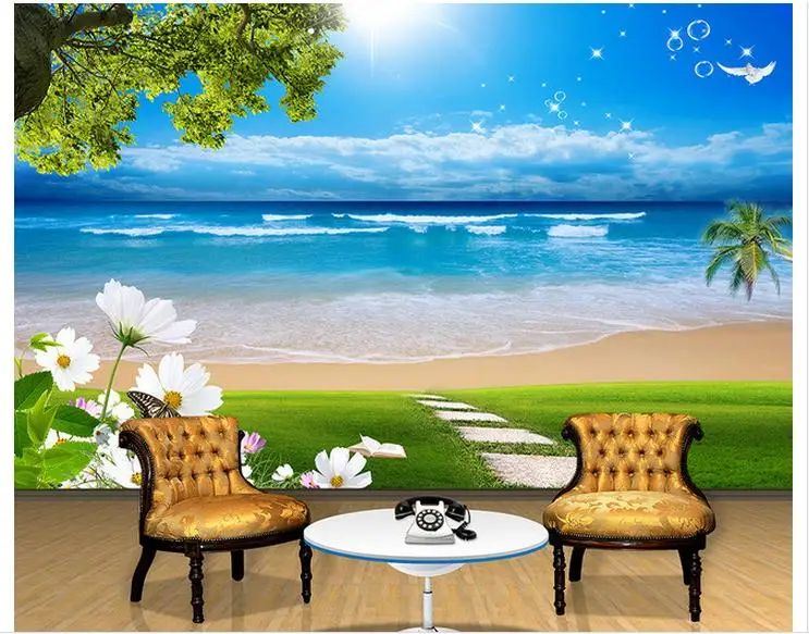 3d wallpaper custom tv murals blue sky white clouds lawn landscape paintings of flowers and plants trees wall mural | Обустройство