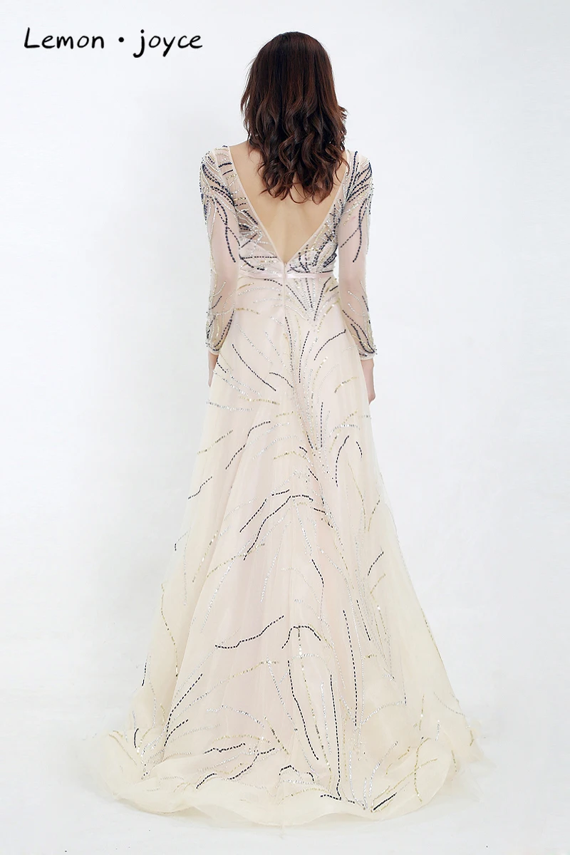 Lemon joyce Formal Evening Dresses with Long Sleeves O-neck Illusion A-Line Prom Dress Party Gowns Plus Size