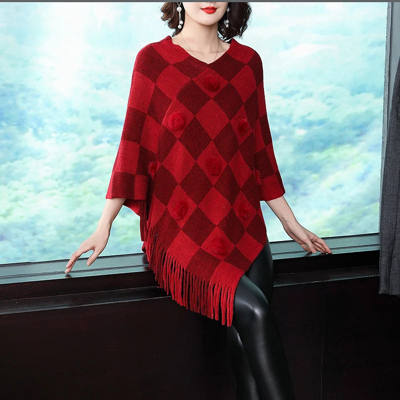 New Fashion Spring Women Red Scarf Shawl Poncho Knitted Pullover Batwing Square Tassel Sweater Sleeve And Capes | Женская одежда
