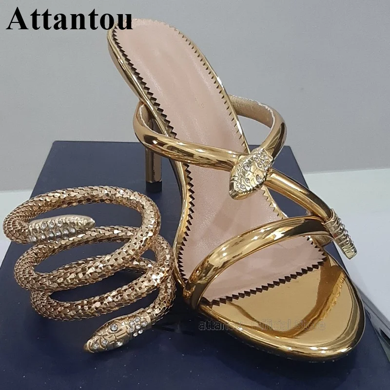 

Sexy Gold Snake Ankle Wrap High Heel Gladiator Sandals Woman Summer Open Toe Party Dress Shoes