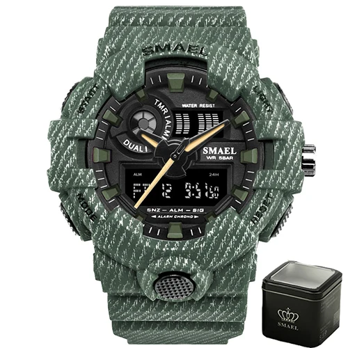 Green with box Для мужчин часы белый Dual Time SMAEL Спорт Часы Будильник 8001 Военная Униформа армии наручные часы водонепроницаемые мужские часы relogio masculino - Цвет: Green with box
