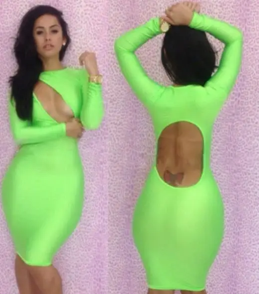 2014 4 Color New Women Sexy Cut Out Back Long Sleeve Bandage bodycon Midi Dresses Night Club wear Pencil Dress | Женская одежда