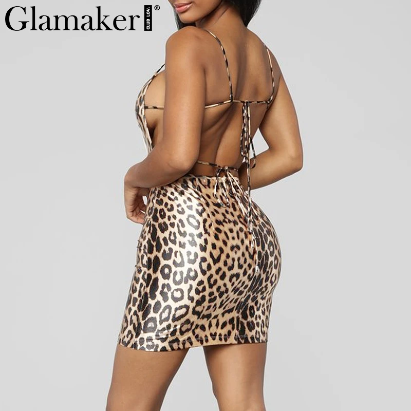 Женское платье с леопардовым принтом Glamaker Летнее мини-платье на шнурках открытой