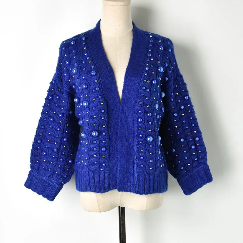 2018 Vintage Full Beading Pearls Twist Knitting Cardigans Short Long Sleeve Cashmere Sweater Women's Fall Spring Cardigan Coat |