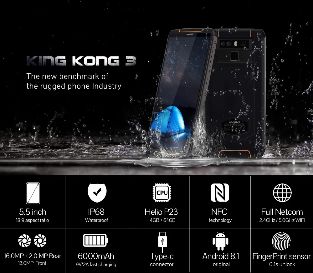 Cubot King Kong 3 водонепроницаемый смартфон с IP68 8 1 ''android 4G B 6 5 MT6763T Восьмиядерный Dual