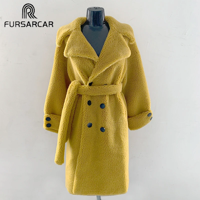 FURSARCAR желтый длинные пальто флисовые зимние куртки с хлопковым верхом Teddy Bear