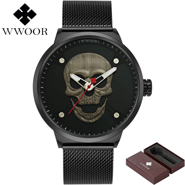 Mesh Silver WWOOR мужские часы лучший бренд Повседневное Прохладный Череп Винтаж полный Сталь Водонепроницаемый Военная Спорт мужской Кварцевые наручные часы Reloj - Цвет: Mesh Silver