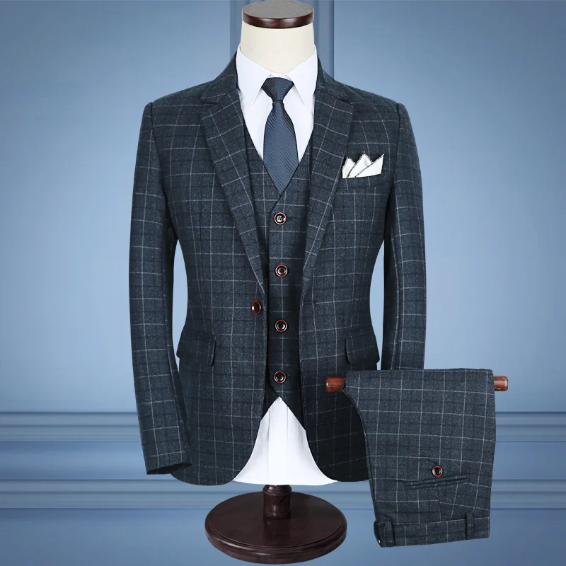 

2020 men business suits business attire to marry the groom dress blue checked dress wash and wear a three-piece suit