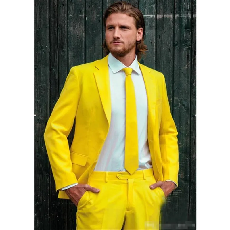 Custom Made Fashion Groom Terno Masculino 2 Pieces Yellow One Button Notch Lapel Smoking Slim Fit Mens Suits