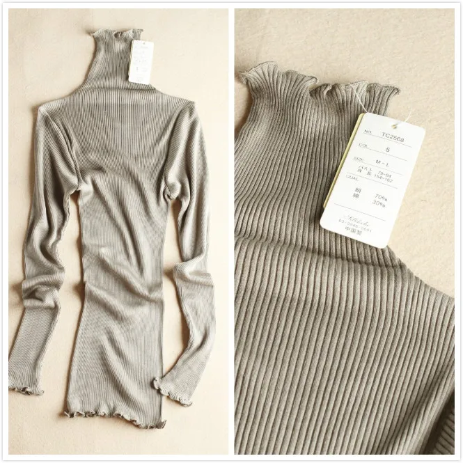 Fall Winter Women pullovers 80%Natural Silk 20%Cotton Turtleneck Rib knits shirt long sleeved Solid sweater Basic top |