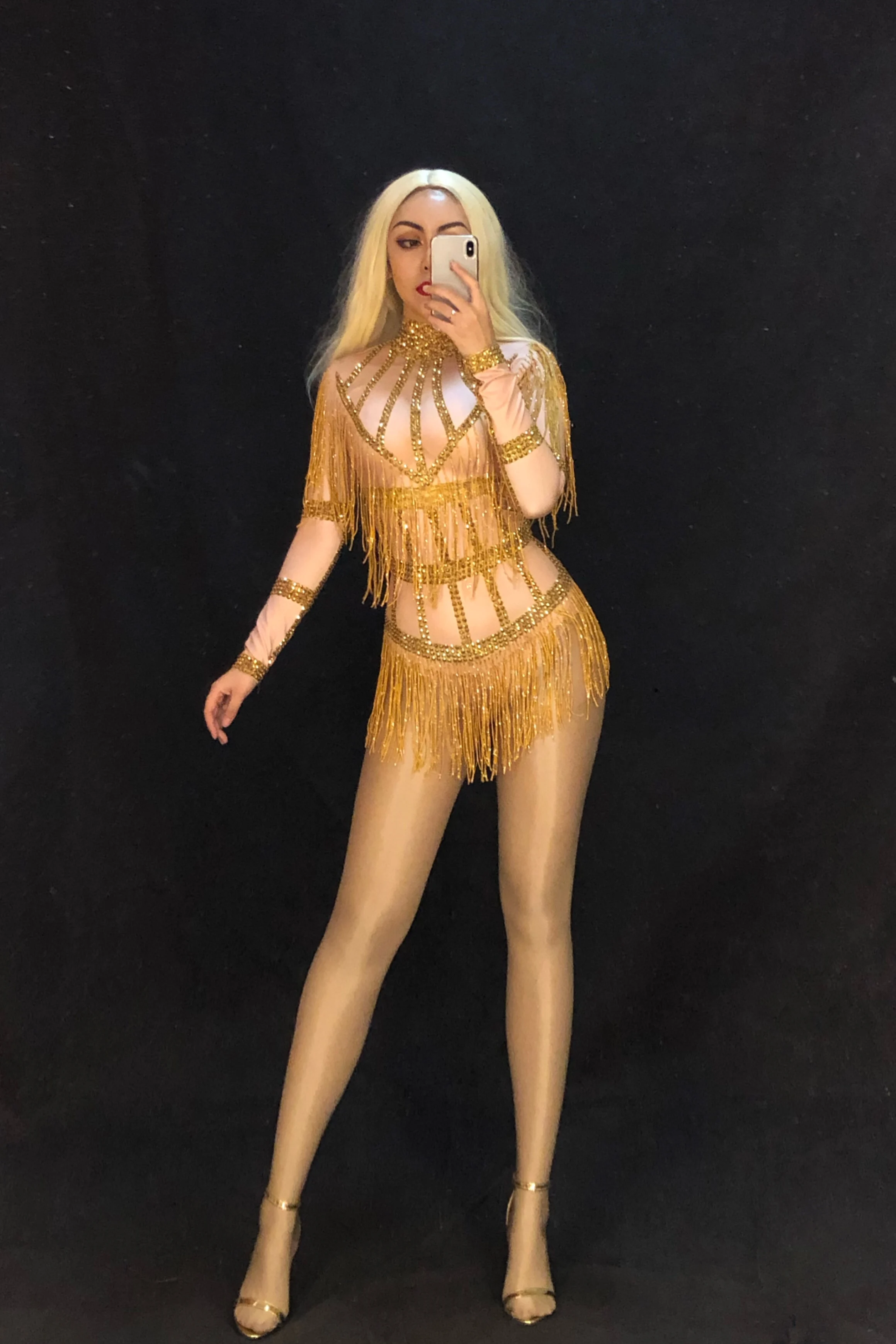 Women Sexy Stage Bodysuit Gold Tassel Sparkling Crystals Jumpsuit Nightclub Birthday Party Wear Singer Dance Costumes