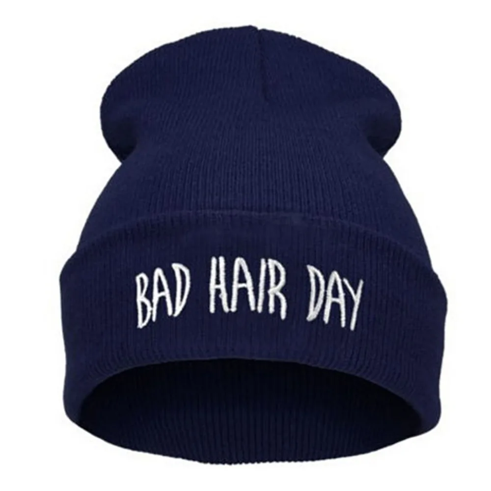 Зимние шапки унисекс для мужчин и женщин Шапка-бини с надписью Bad Hair Day вязаная