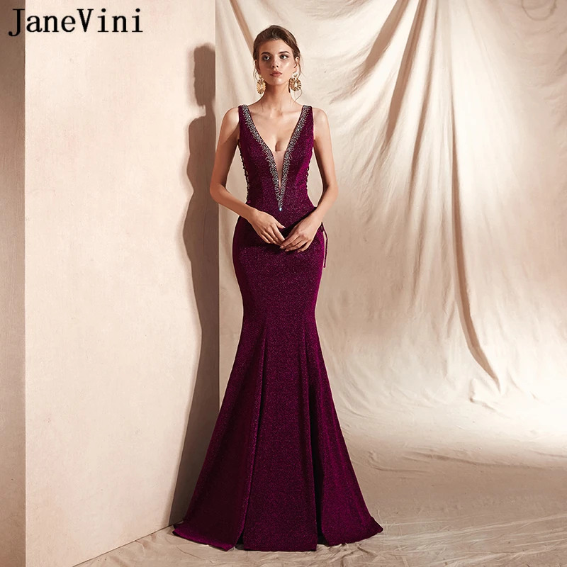 

JaneVini Mermaid Glitter Sparkle Long Evening Dresses Sexy Deep V Neck Sleeveless Prom Party Formal Gowns Backless Robes Longues