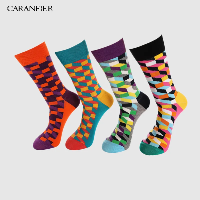 

CARANFIER 8Pairs Creative Men's Colorful Striped Cartoon Combed Cotton Socks Crew Wedding Gift Casual Crazy Funny Socks