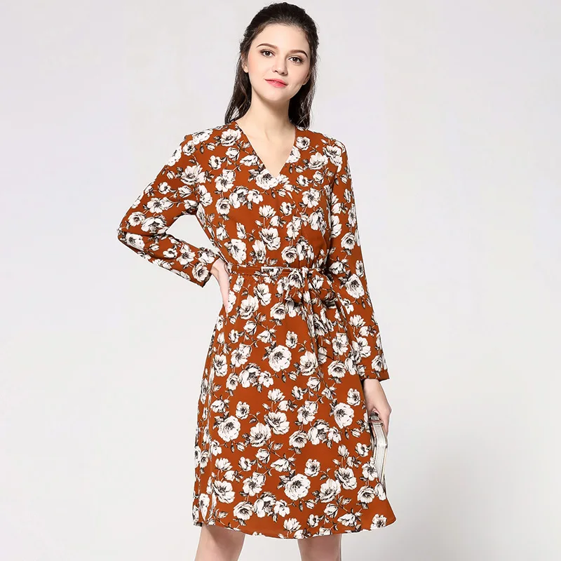 2019 spring design women floral print A-line dresses plus size V neck sexy flowers casual dress with sash Caramel color | Женская одежда