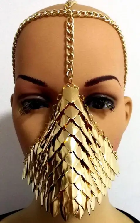 Mask Gold Color Chran Chainmail, маска, бюстгальтер, скальмейл, наплечная броня, косплей, сжигающий человек, головной убор, цепочка на голову, повязка на голову, средневековая, Ren Faire, ювелирное изделие - Окраска металла: Mask Gold Color