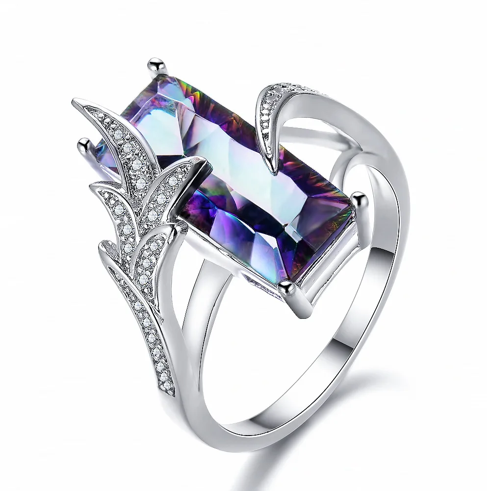 

2019 New Top Quality Rings Large Square Purple Cubic Zirconia Silver Color Wholesale Ring New Wing Style For Women Jewelry Gifts