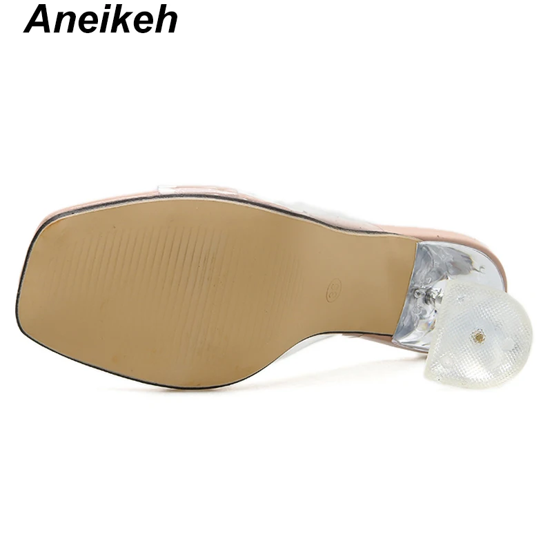 Aneikeh прозрачные Шлепанцы из ПВХ; пикантные шлепанцы на высоком каблуке с открытым носком; женская обувь со стразами; прозрачные шлепанцы на высоком каблуке; Размер 9