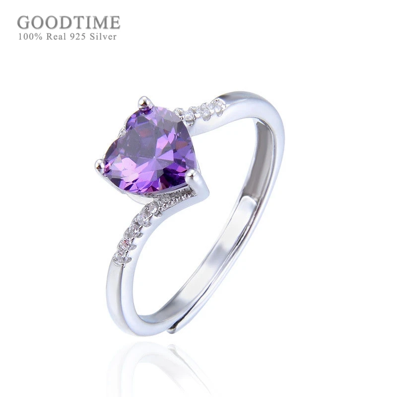 

Fashion 925 Sterling Silver Jewelry Lovely Heart Rings For Wedding Girls Adjustable Finger Purple Cubic Zirconia Ring Gifts