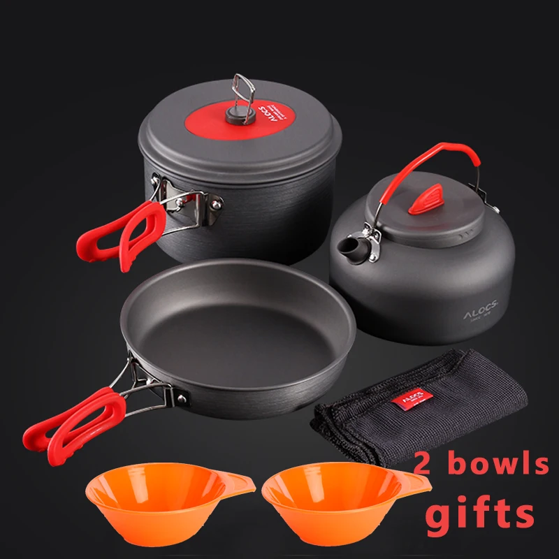 NEW Non-Stick Aluminum Camping Cookware ALOCS Ultralight Outdoor Cooking Picnic Set Camp Pot Pan Kettle Dishcloth For 2-3 People