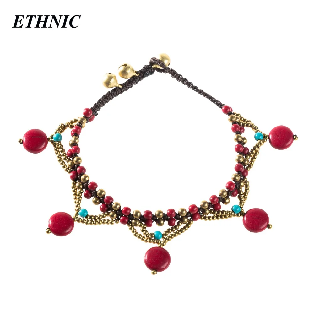 

2018 Handmade Ethnic Red Round Stone Beads Charm Anklets for Women Beach Fashion Anklet Gold-color Beaded Chain On Foot