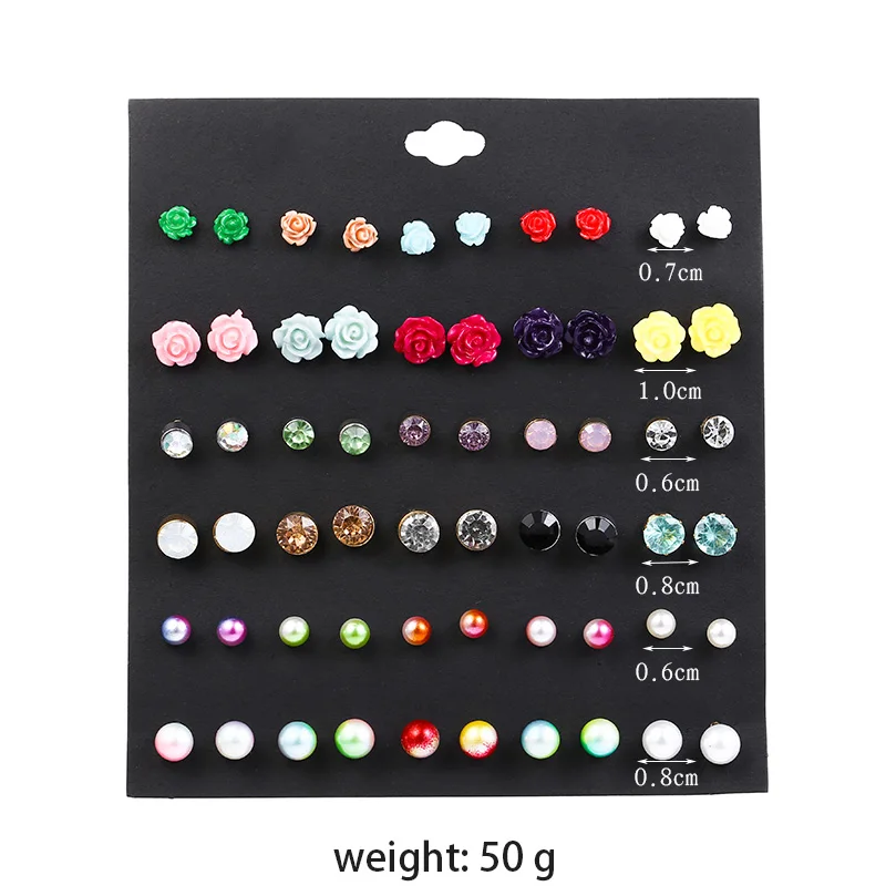 30 Pair/set Fashion Female Resin Acrylic Flower Earrings Set For Women Crystal Stud Earring Ladies Multicolor Pearl | Украшения и