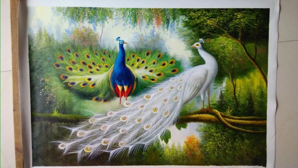 Kopen 100% Handgeschilderd Tow Pauw Boom Bos Landschap Handgemaakte Olieverf Klassieke Dier Handleiding Schilderen Thuis Muur Decortion