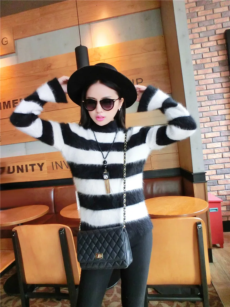 Women Mink Cashmere Pullovers Sweaters Black And White Striped Turtleneck Coat Free Shipping | Женская одежда