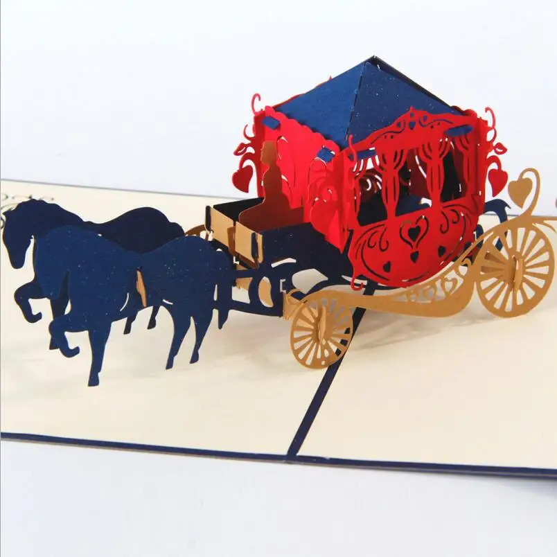 

3pcs/lot 3D Pop Up Cards Wedding Horse Carriage Creative Gifts Postcard Birthday Valentine's Day Greeting Cards with Envelope