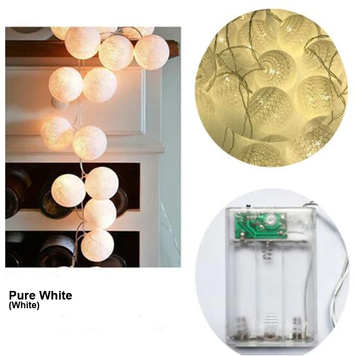 Pure White 2 шт./лот, Рождественская гирлянда, 3 м, 20 светодиодный светильник, s, 6 см, глобус, хлопковый шар, светильник, цепочка, Guirlande, Lumineuse Boule, декоративный светильник s - Испускаемый цвет: Pure White