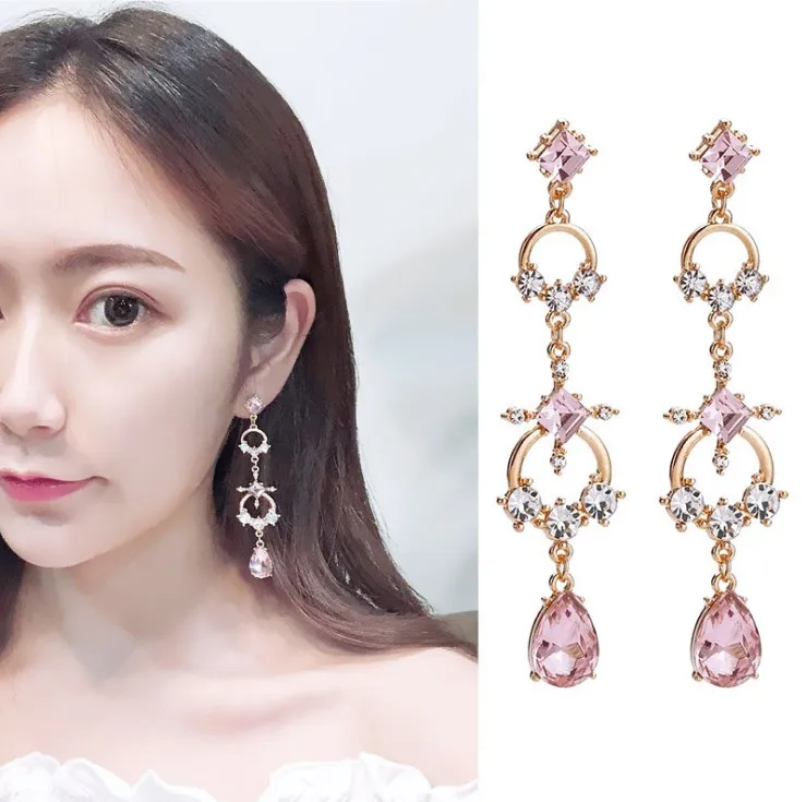 

Korean New Pink Crystal Water Drop Dangle Earrings Women Fashion Shining Rhinestone Geometric Round and Square Long Pendientes
