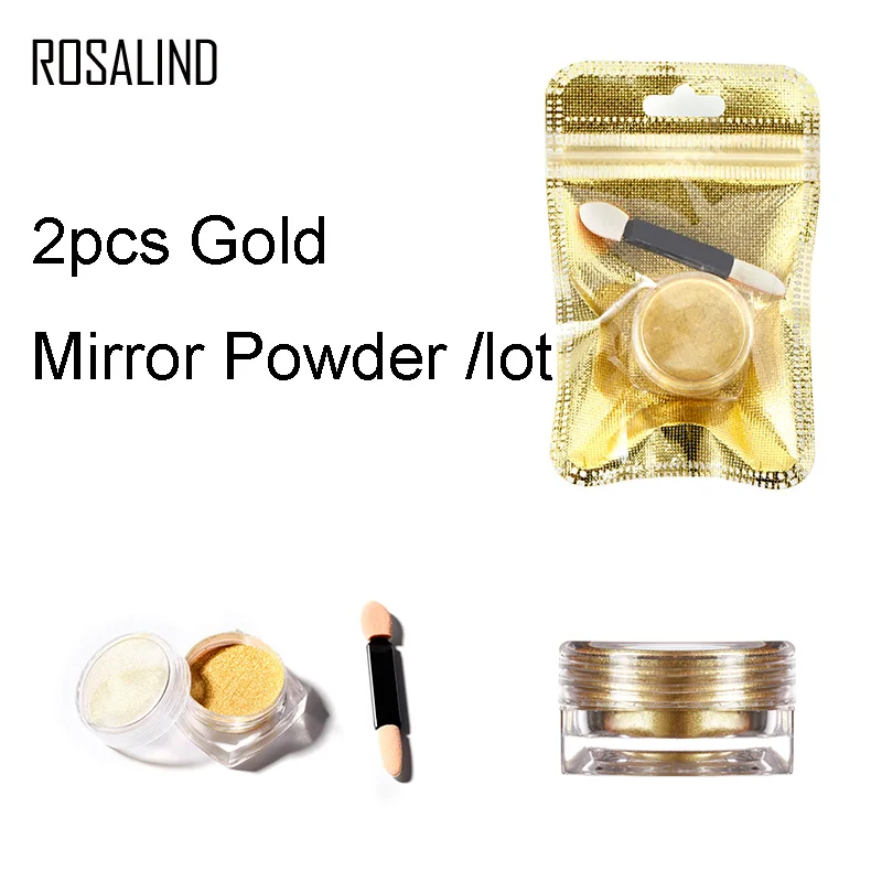 2pcs Gold Color ROSALIND блеск для ногтей порошок зеркальная пудра для ногтей Гель-лак хромированная пудра Блеск волшебный зеркальный эффект Маникюр для дизайна ногтей - Цвет: 2pcs Gold Color