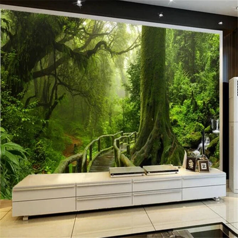 Обои на заказ 3d фрески зеленые большие деревья пейзаж тропический дождь лес обои