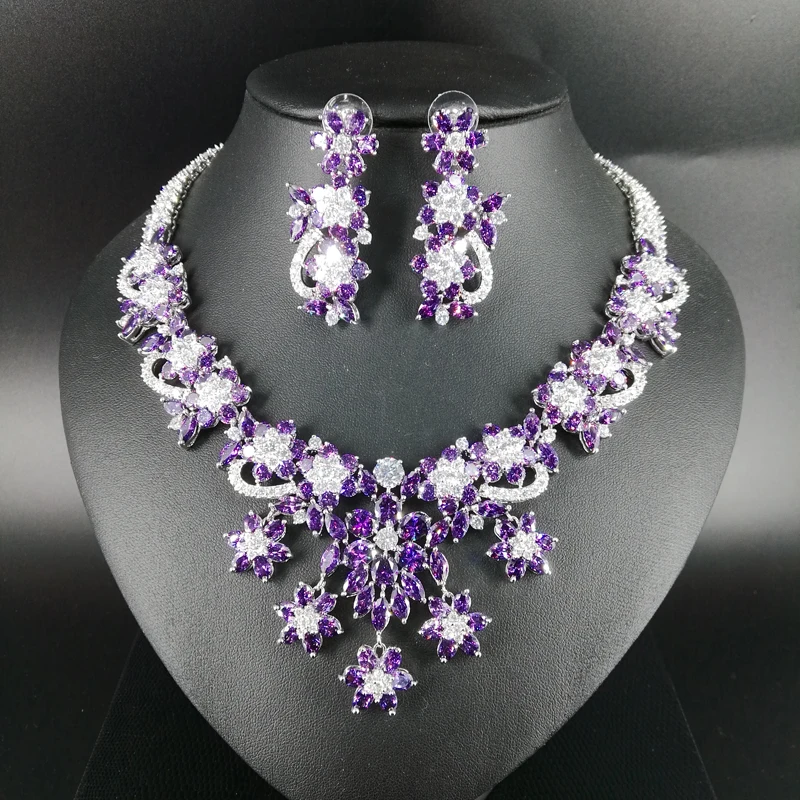 Комплект из колье и серёг с фиолетовыми цветами|formal jewelry sets|necklace earring setfashion set |