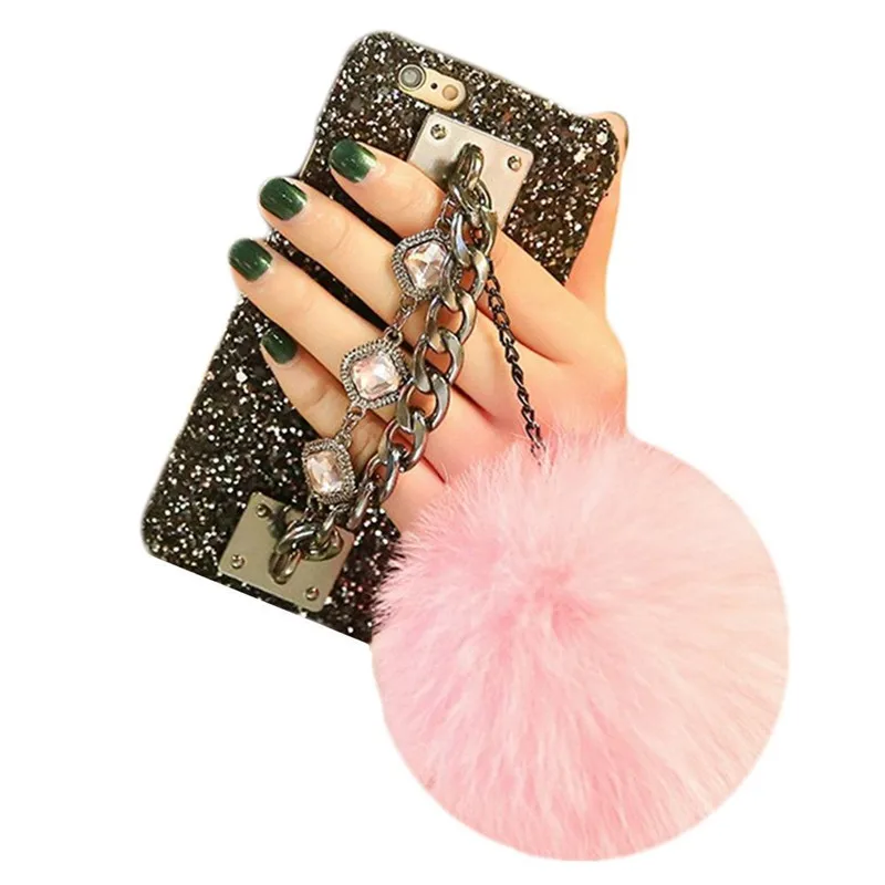 1 шт. Bling чехол для iphone 6 6s 7 8 8 плюс драгоценный металл цепи держатель горный хрусталь кристаллы лисий мех мяч чехол для телефона для iphone X