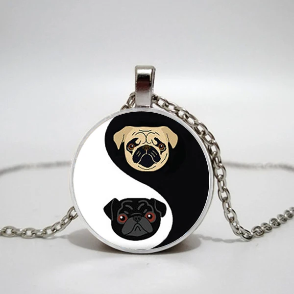 

Yinyang Pug Glass Pendant Necklace Black and Tan Bulldog Dog Jewelry Gift for Pag Lovers Rescue Jewelry.