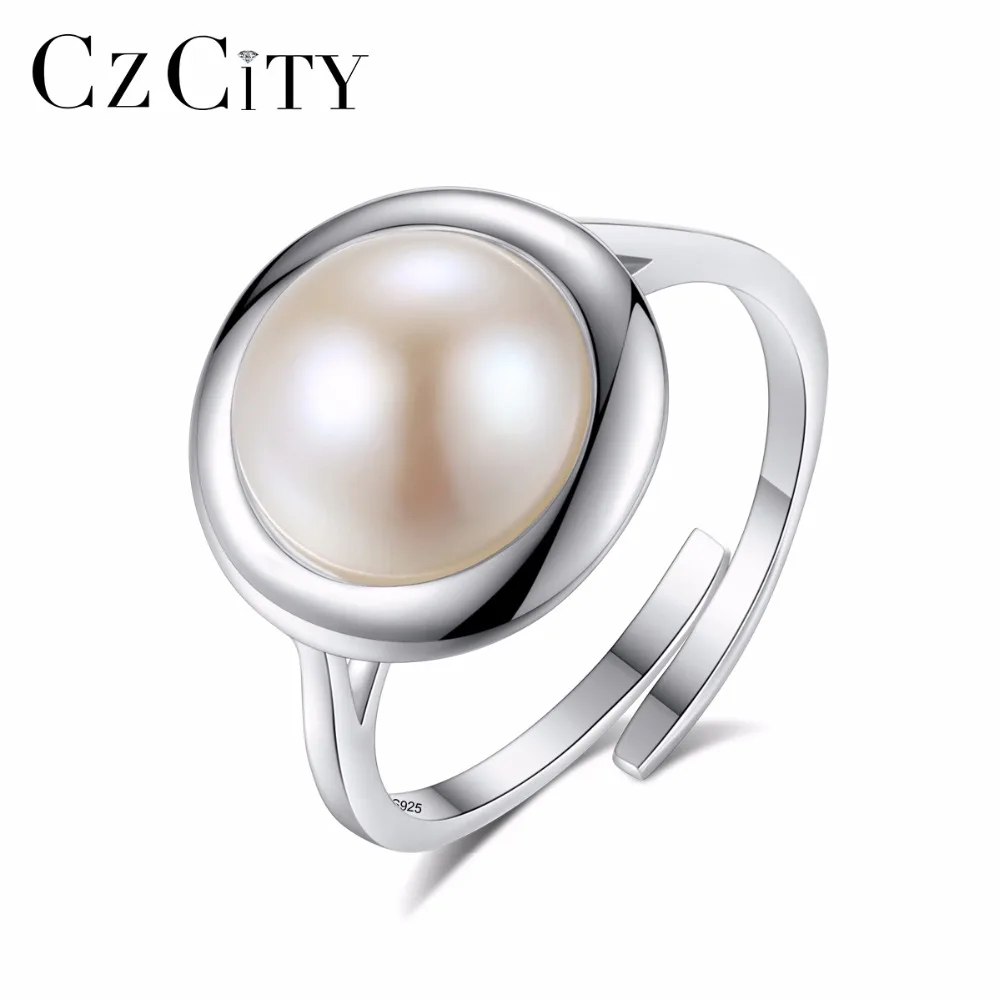 

CZCITY 925 Sterling Silver Female Rings 10-10.5mm Big Freshwater White Natural Pearl Women Jewelry Ring Size Resizable Wholesale