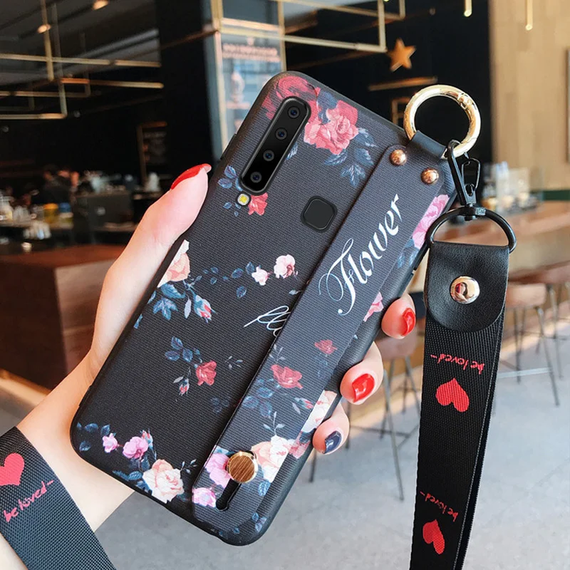 ALIVO For Samsung Galaxy A9s case Cartoon relief flowers Silicone full protection Fitted Case+Wrist lanyard for galaxy A8s Cover |