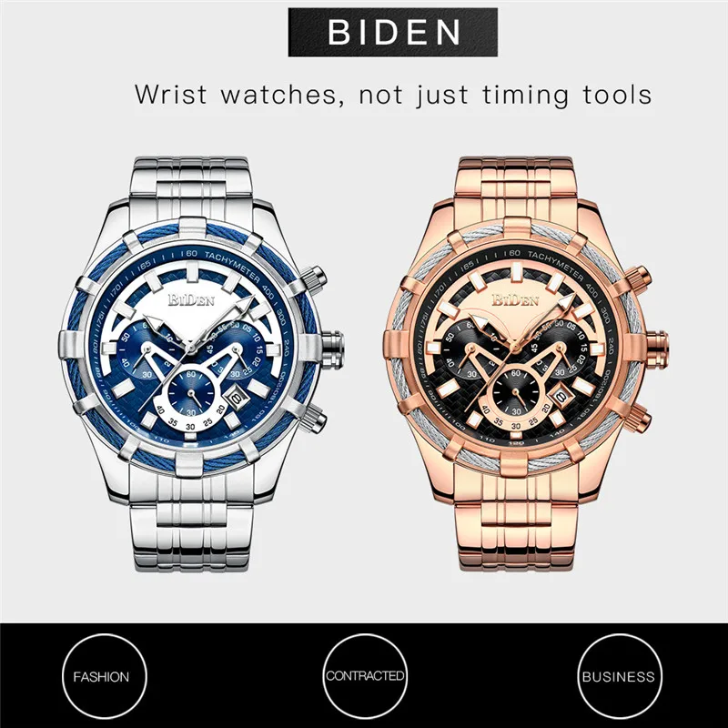 BIDEN Men Watch Top Brand Luxury Chronograph Military Sport Male Clock Steel Business Quartz Wristwatch relogio masculino 0117 | Наручные