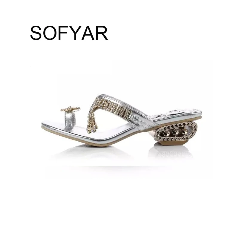 Сезон лето осень Вьетнамки с кристаллами на среднем каблуке ажурные шлепанцы