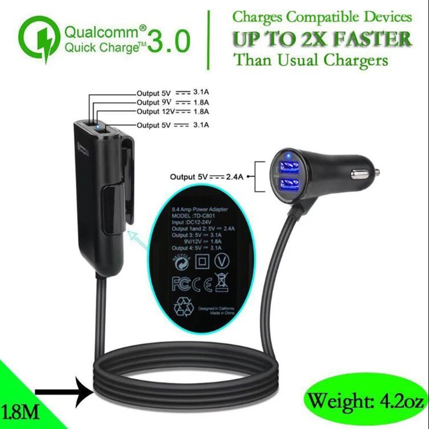 9.6A Max 4 порта USB Автомобильное зарядное устройство с расширяющимся